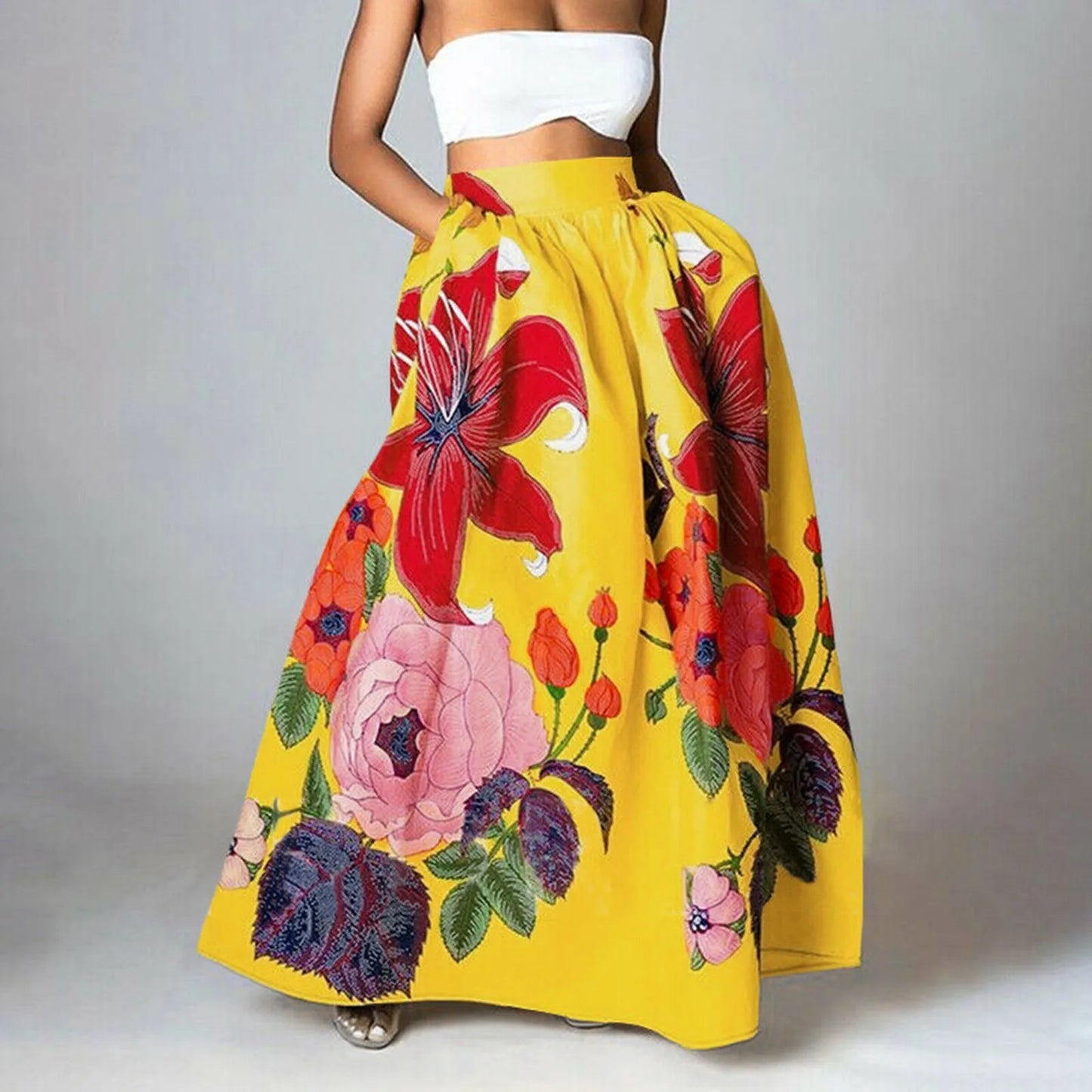Damen Blumen Print Hochtaillierter Stylischer Rock | Maxi