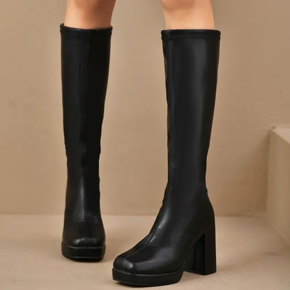 Damen Schwarze Overknee Stiefel | Plateau Klobigem Absatz
